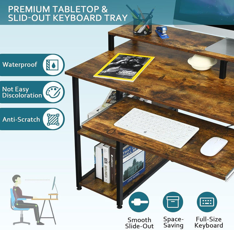 COSTWAY Computer Desk, 47’’ Home Office Table with Hutch, Book Shelves, Pull-Out Keyboard Tray, Monitor Stand, Industrial Writing Laptop Desk, for Workstation, Rustic Brown