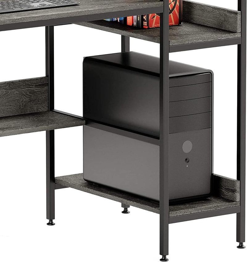 Bestier Computer Office Desk with Steel Frame, Reversible Book Shelves, Headphone Hook, Adjustable Feet, & under Desk Storage, Grey