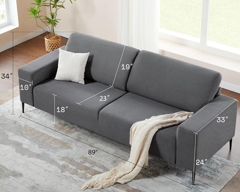 AMERLIFE 89 Inch Sofa, Comfy Sofa Couch- Modern Couch with Extra Deep Seats, 3 Seater Sofa Couch for Living Room, Grey Corduroy