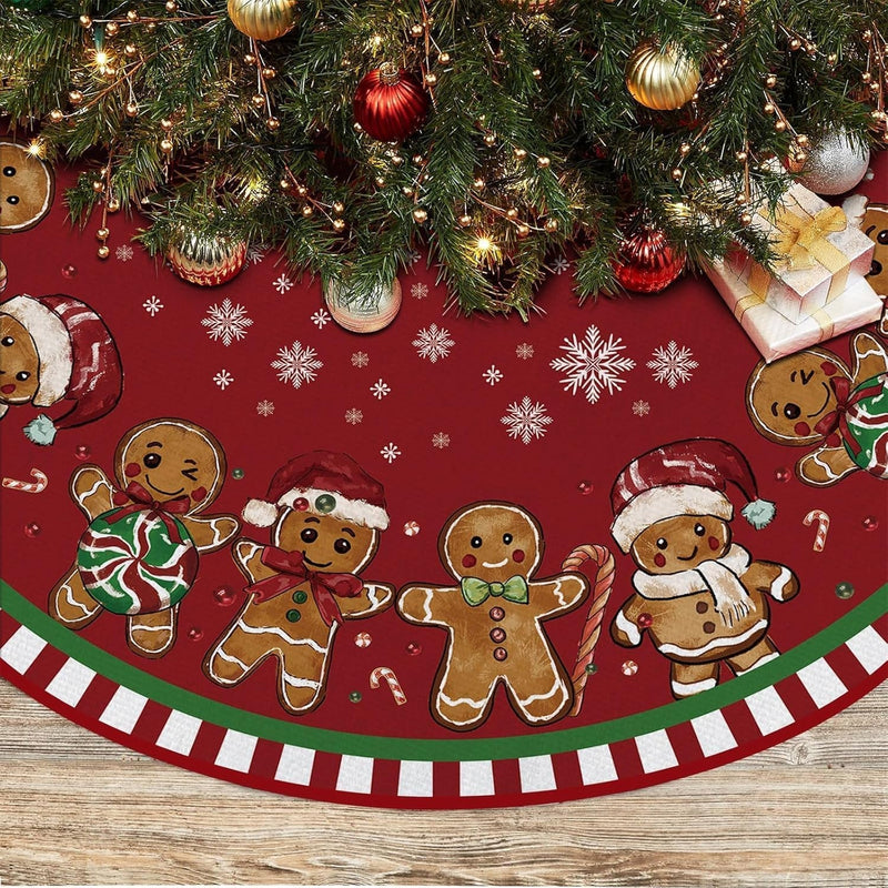 Christmas Tree Skirt 48 Inches, Gingerbread Man Pencil Tree Skirt, Winter Xmas Tree Mat Decorations for Home Party Holiday Decorations