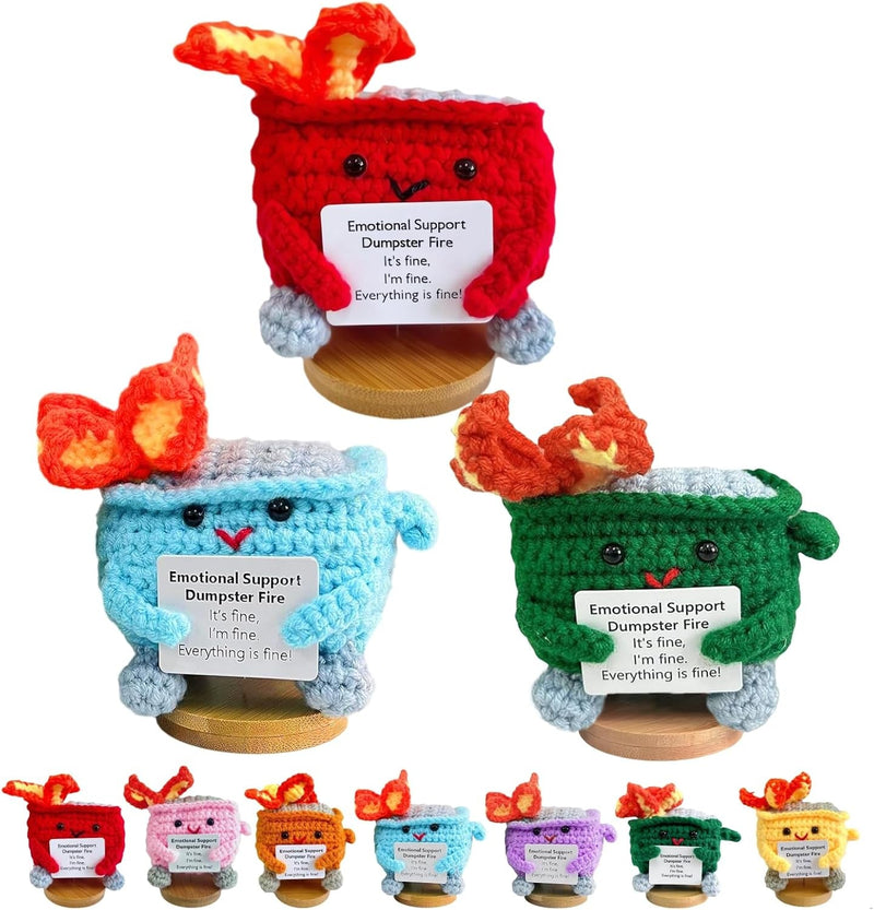 Emotional Support Dumpster- Handmade Crochet Dumpster Fire Doll, Christmas Dumpster Fire Knitting Toy Ornaments with Positive Card, Handmade Emotional Support Crochet Gift Desk Decor (Green)