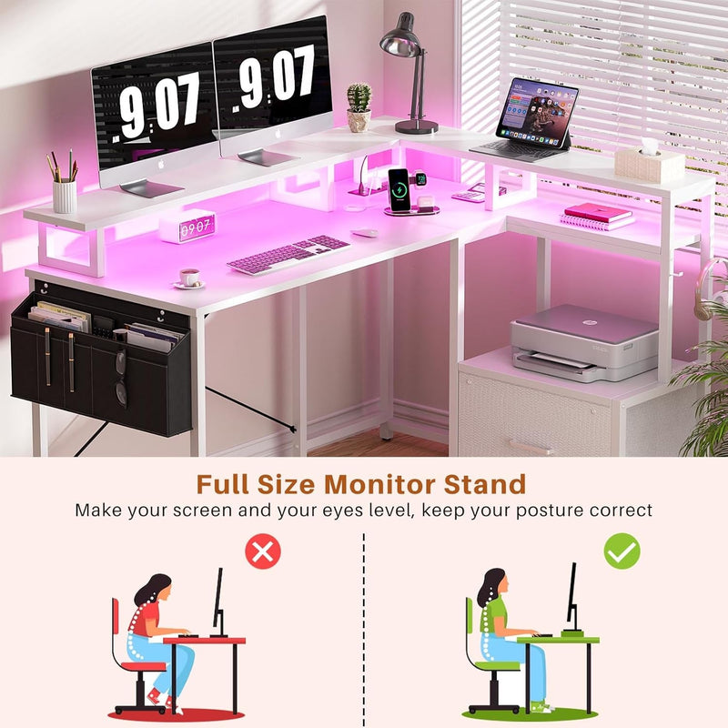 Homieasy Computer Desk with File Drawer Cabinet, L Shaped Office Desk with Printer Stand & Full Monitor Stand, 48 Inch Gaming Desk with Power Outlets Led Light Storage Bag Hanging Hooks, White