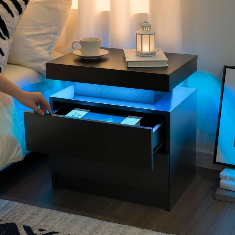 Black Nightstand LED Set of 2 Black Bedside Table LED Night Stand with LED Lights Modern End Side Table with 2 Drawers for Bedroom