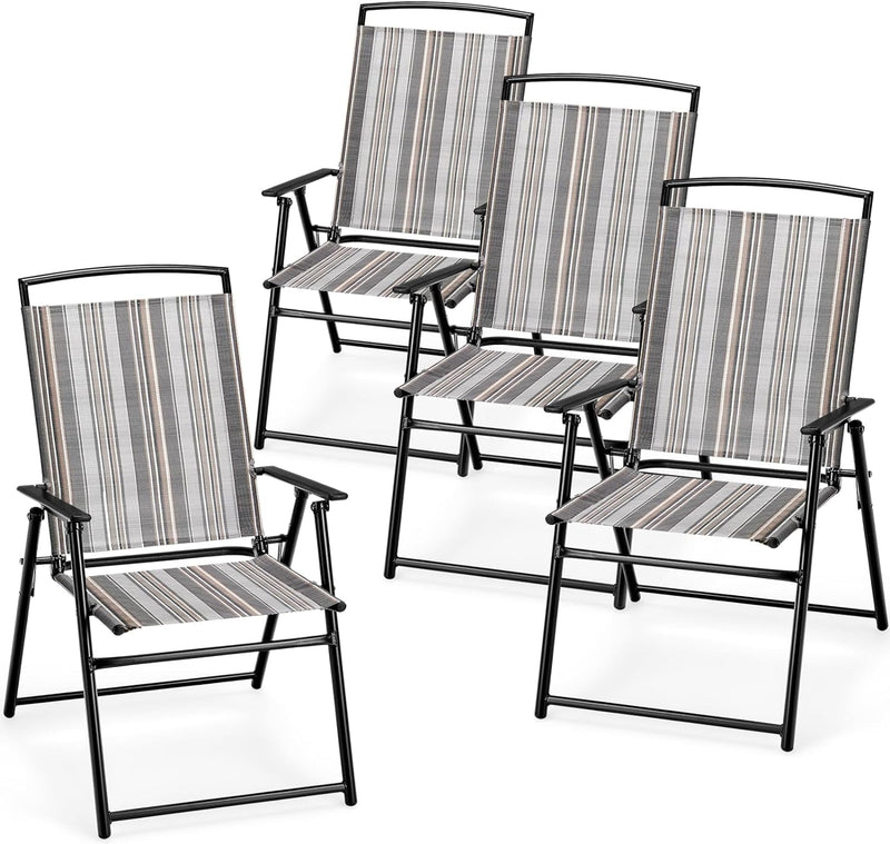 Giantex Patio Chairs Set of 4, Outdoor Folding Chairs with Armrests, Metal Frame, outside Foldable Dining Chairs for Lawn Deck Porch Beach Yard (Gray & Black)