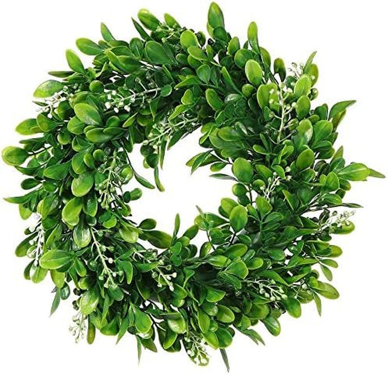 4 Packs Artificial Green Leaves Wreath - 11 Inch Artificial Boxwood Wreaths with White Flower for Window Wall Wedding Decor