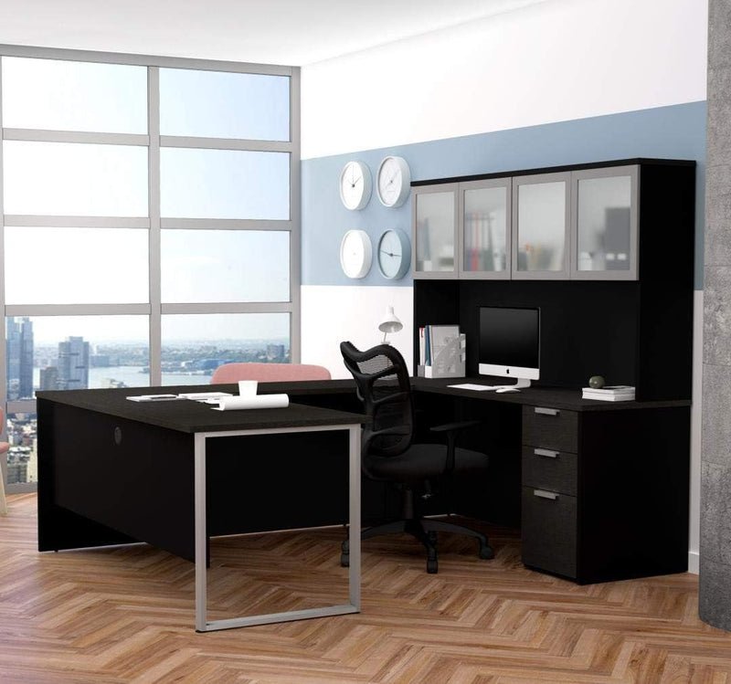 Bestar Pro-Concept plus U-Shaped Executive Desk with Pedestal and Frosted Glass Doors Hutch, Deep Grey & Black