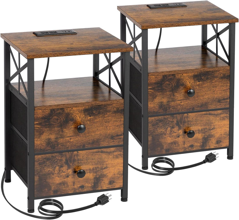 AMHANCIBLE End Table Living Room with Charging Station, Side Table with Fabric Drawer, Small Side Table with USB Ports and Outlets for Small Spaces Rustic Brown and Black HET05XBR1