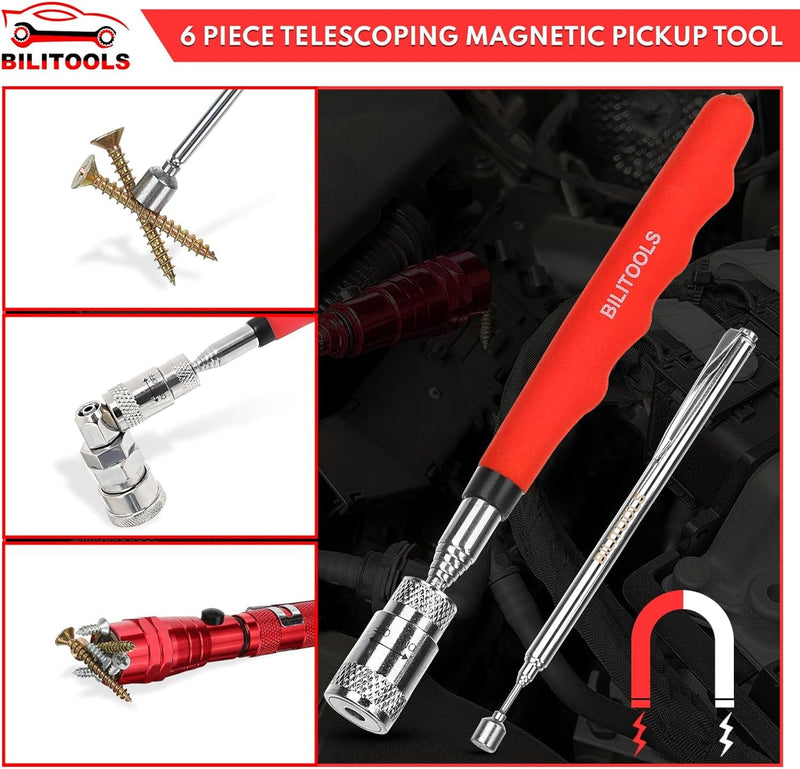 BILITOOLS Premium 6 Piece Extendable Magnetic Pickup Tool Set, Telescoping Mechanic Tool Set with Magnetic Rods, Flashlight, Inspection Mirrors & Magnetic Tray. Gift for Men Dad Husband &Brother.