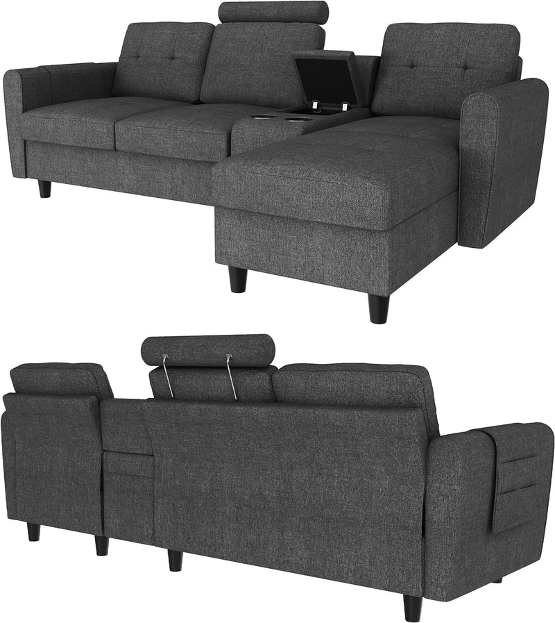 HONBAY Convertible Sectional Couch L Shaped Sofa with Chaise Modern Sectional Sofa with Cup Holders L Shaped Couch for Living Room, Dark Grey