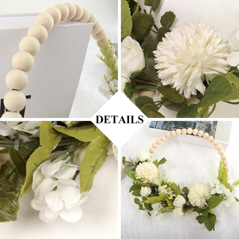 Fenteer Wedding Artificial Flower Wreath Wood Bead Garland Door Hanging Wooden Beads Hoop Decor for Holiday Valentine'S Day Party Wedding Wall Home Decor, White