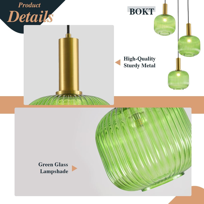 BOKT Green 3-Light Cluster Pendant Lights Mid Century Modern Ceiling Hanging Lighting 7.9" Farmhouse Gold Pendant Lights Kitchen Island with Ribbed Hand Blown Glass for Living Room Dining Room
