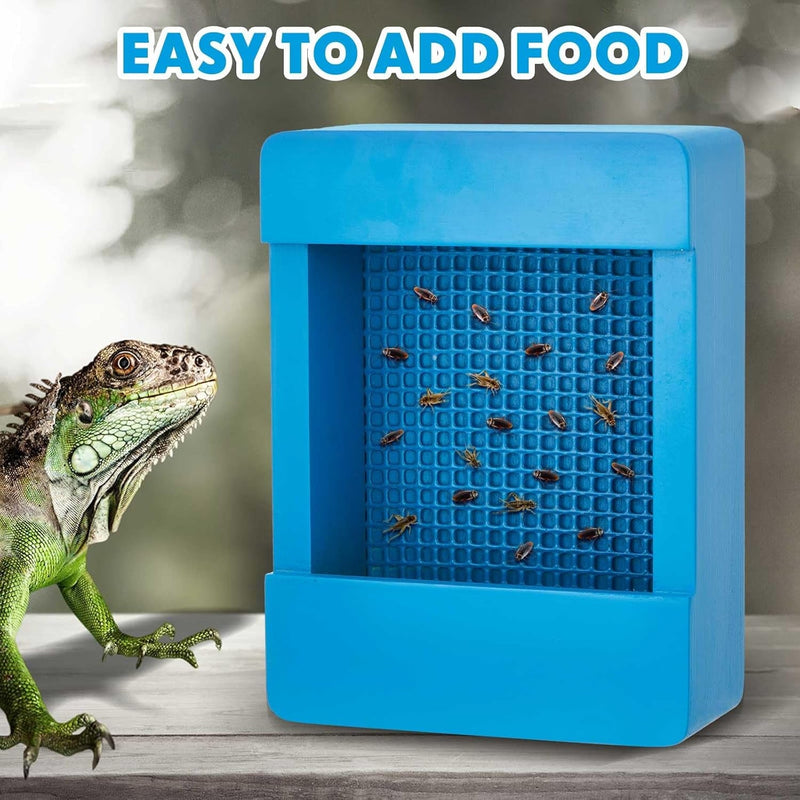 Chameleon Feeder Bearded Dragon Bug Bowl Wooden Bearded Dragon Feeder Insect Reptile Feeder Box with Grid Plate for Feeding Chameleon Gecko Lizard Frog Aquarium Accessories, Blue