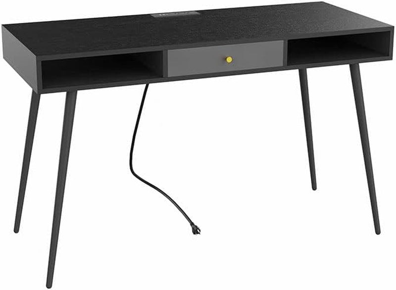 Computer Desk with Drawers and Charging Port, 46.8" Mid Century Home Office Computer Desk with USB Port and Power Outlet for Small Space, 3-Drawer Multifunctional Study Writing Desk, Black