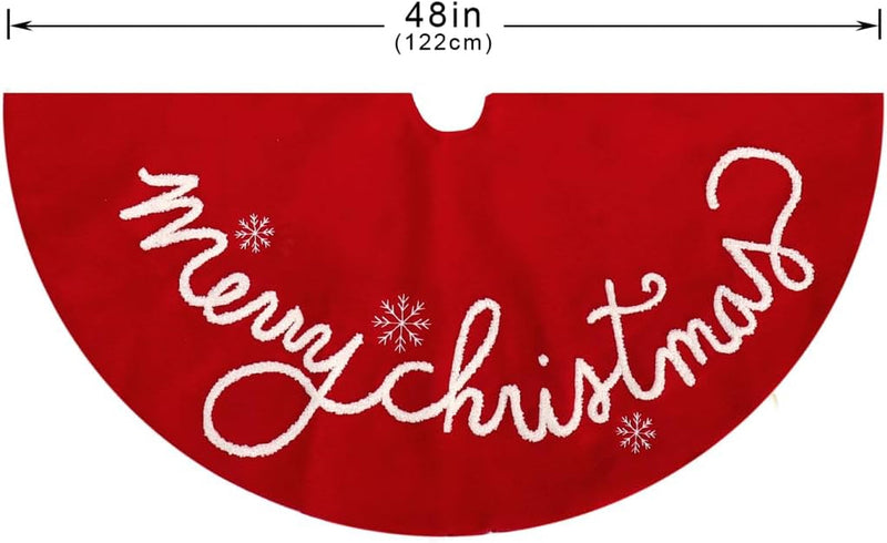 48 Inch Christmas Tree Skirt Red Large Plush Xmas Tree Mat with Merry Christmas Patterns Soft Thick Holiday Decor for Home Party