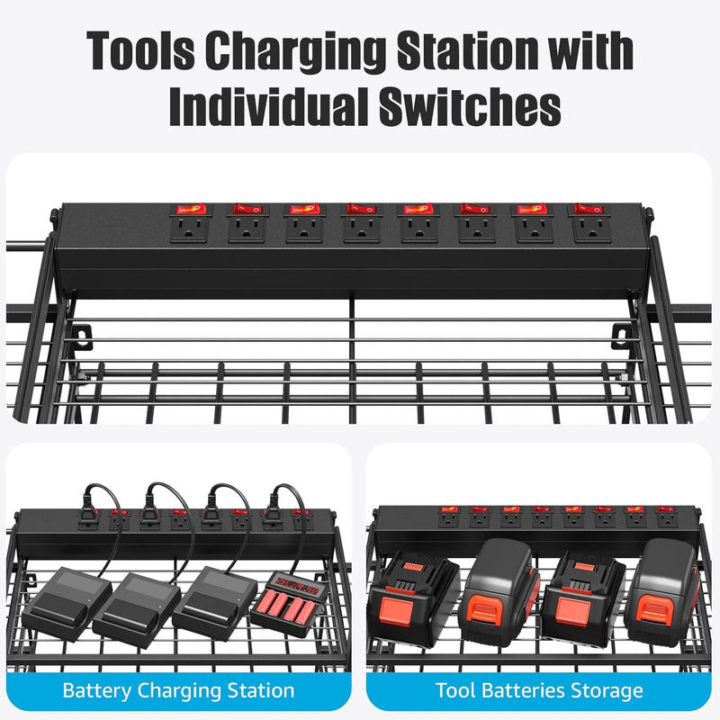 CCCEI Black Power Tools Organizers Wall Mount, Large Tools and Battery Storage Rack Charging Station. 8 Drill Holder, All Metal, Garage Utility Shelves with 6FT Power Strip. Gift for Men.