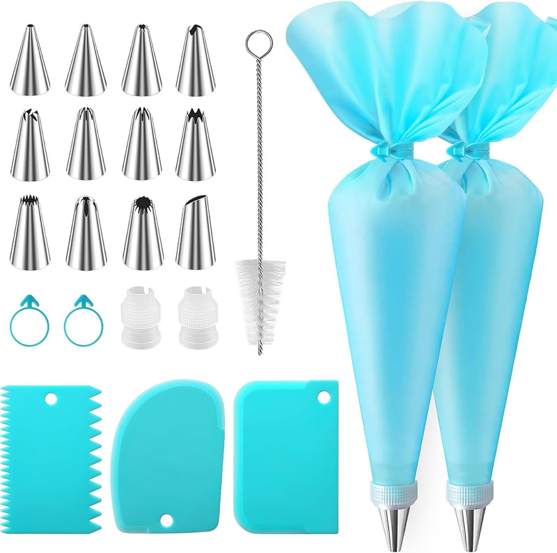 ALLTOP Piping Bags and Tips Set -Ultimate Cake Decorating Supplies Kit - Included 100 Disposable Pastry Bags, 1 Reusable Silicone Bag, 2 Couplers, 12 Frosting Tips, 2 Ties, 3 Icing Scrapers for Baking