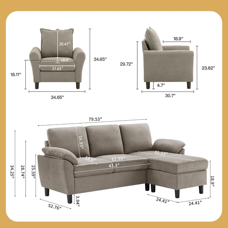 2 Piece Sectional Sofa Set, 3 Seat L Shaped Couches with Reversible Chaise Single Seat Accent Chair Polyester Fibre for Living Room, Beige