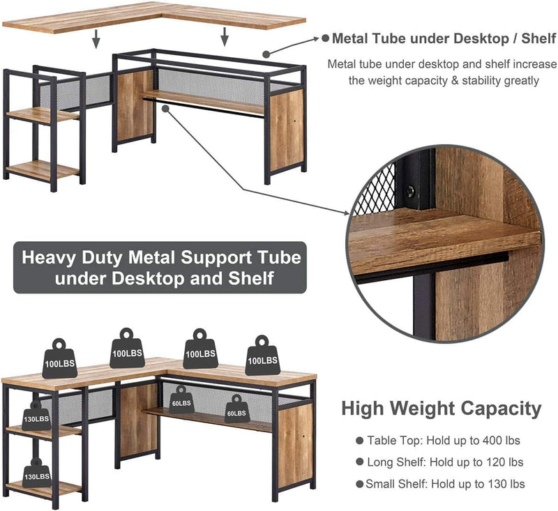 FATORRI L Shaped Computer Desk and Industrial Bookshelf for Home Office (Rustic Oak)