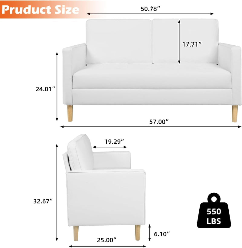 AILEEKISS 57'' Modern Loveseat Sofa Mid-Century Faux Leather 2-Seat Sofa Couch Upholstered Love Seats with Pillows for Living Room, Bedroom, Office, Small Space (White 02)
