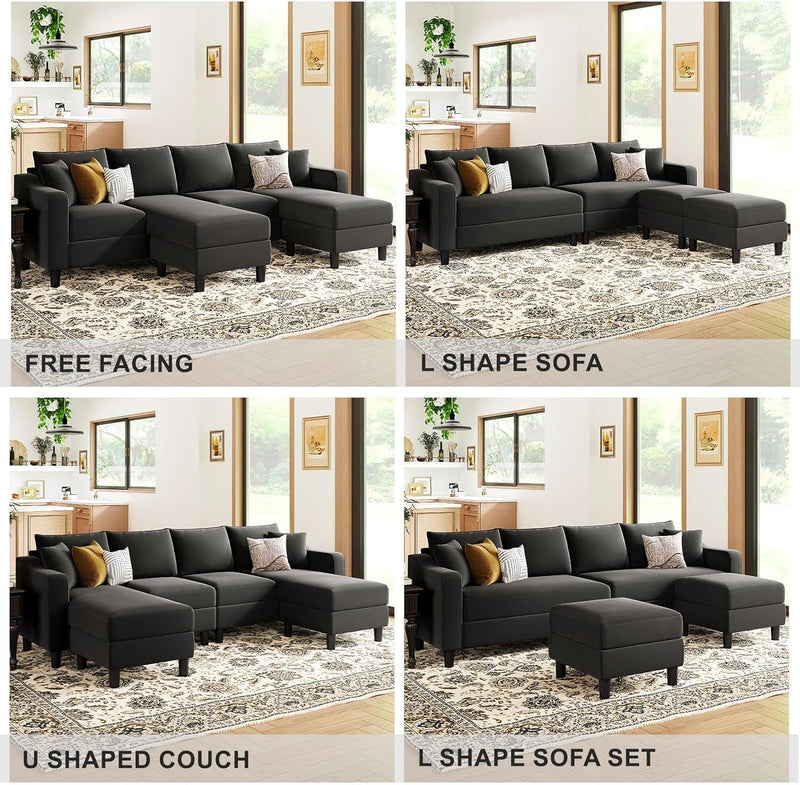 Belffin U Shaped Sectional Sofa Velvet Convertible Sofa with Reversible Chaises Sectional Couches with Ottomans for Living Room (Grey)