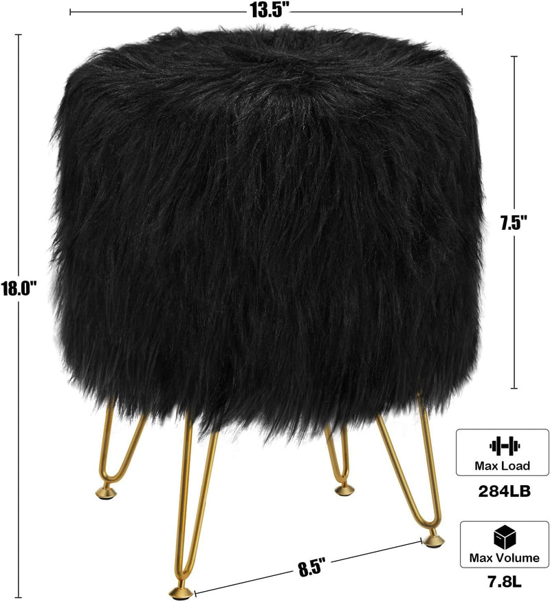 GREENSTELL Vanity Stool Chair with Storage, 13.5" W X 18" H round Faux Fur Ottoman with 4 Metal Legs, Furry Padded Seat, Modern Multifunctional Makeup Stool for Bedroom Living Room Black