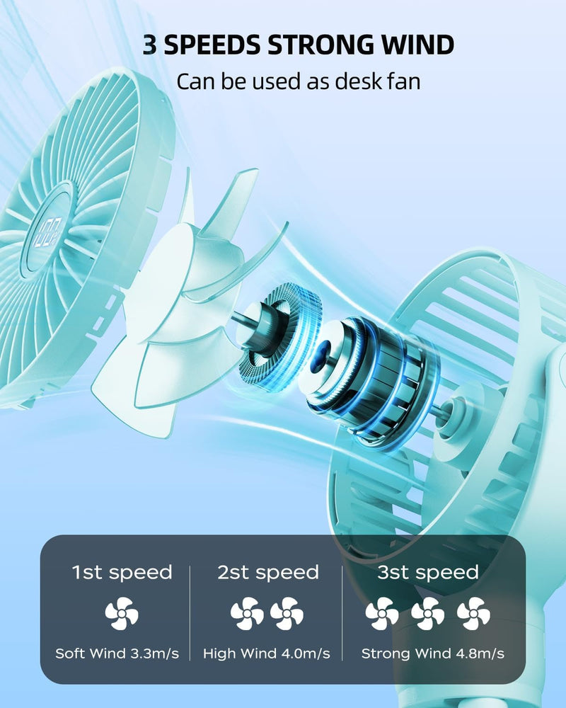 Baby Stroller Fan, Mini Portable Fan Battery Operated, LED Display with 3 Speeds, Small Clip on Fan Desk Fans USB Rechargeable, Personal Handheld Fan for Travel Outdoor, Children Gifts