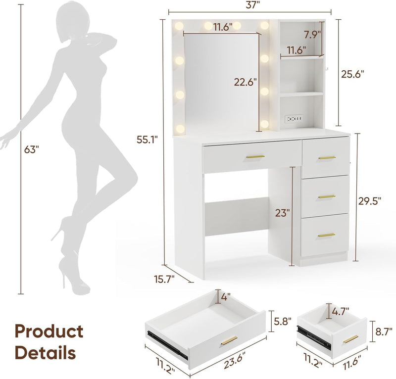 37" W Makeup Vanity Desk,Vanity Desk with LED Lighted Mirror & Power Outlet,Makeup Table with 4 Drawers,3 Color Modes & Adjustable Brightness Dressing Table for Bedroom, White