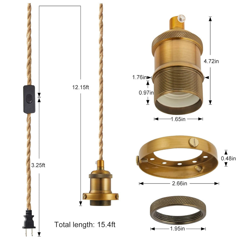 15.4Ft Pendant Light Cord Kit, Industrial Vintage Plug in E26 Socket Hanging Light with Switch, Hemp Rope Hanging Light Fixture for Pendant Lamp Farmhouse Lamp Cable DIY