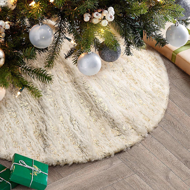 Christmas Tree Skirt, 32 Inches, White Faux Fur with Golden Hot Stamping Stripes, for Xmas Holiday Decorations Christmas Home Decor