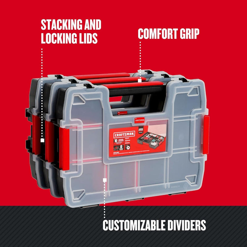 CRAFTSMAN Storage Organizer, Small Parts Organizer, 3-Packs with 10-Compartments, Lid Includes Secure Latch (CMST60964M)