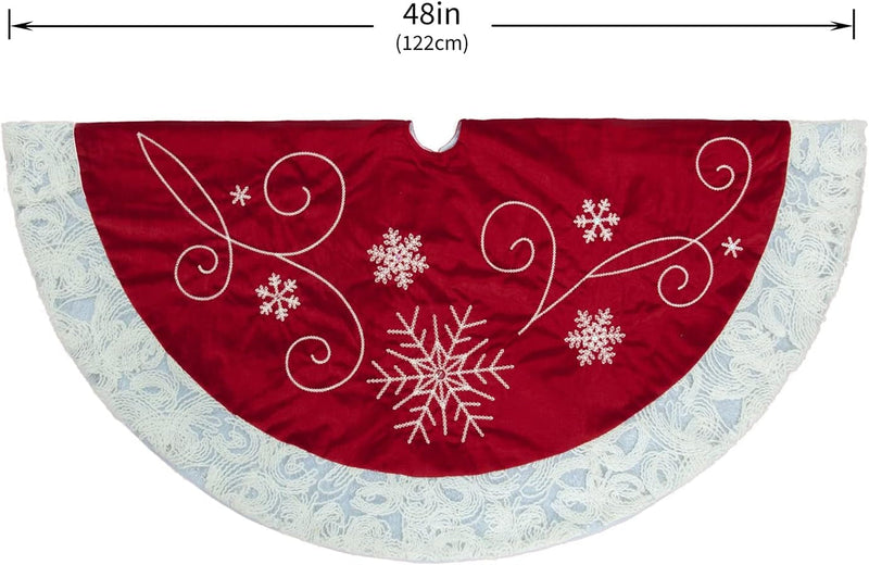 48 Inches Christmas Tree Skirt, Luxury Red Velvet Tree Skirt with Sequin Embroidery for Xmas Holiday Party Decorations Christmas Ornaments