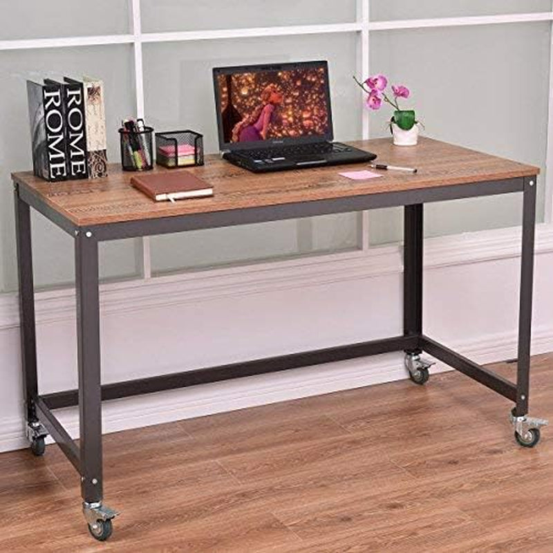 COSTWAY Computer, Wood Portable Compact Simple Style Study Writing Desk Workstation 4 Smooth Wheels, Home Office Collection Work Table, Brown