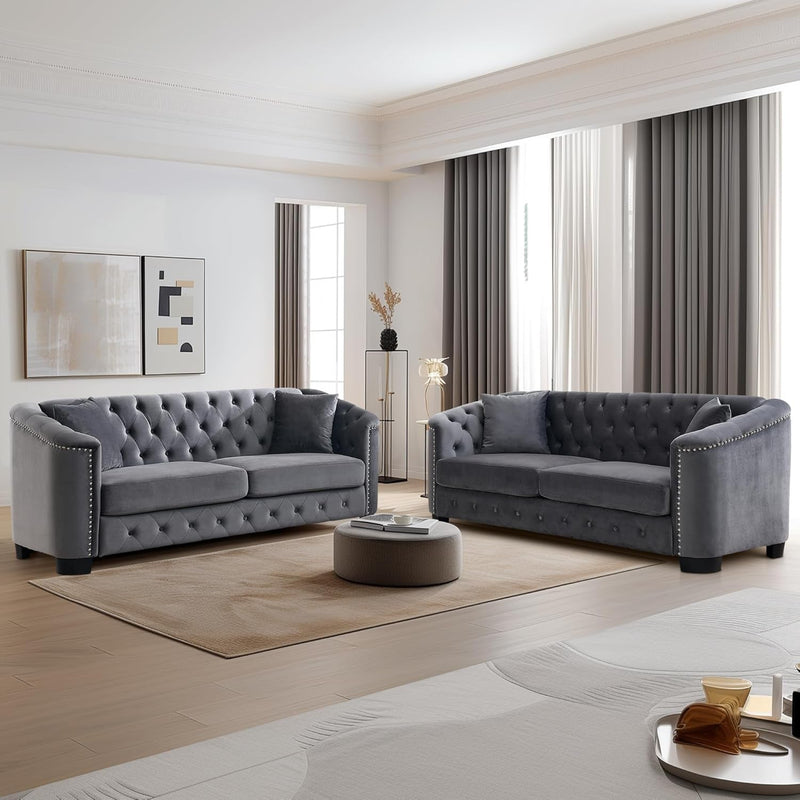 2 Piece Modern Chesterfield Velvet 77" 3-Seater Sofa Set,Upholstered Tufted Backrests with Nailhead Arms and 4 Cushions for Living Room, Bedroom, Apartment-Grey