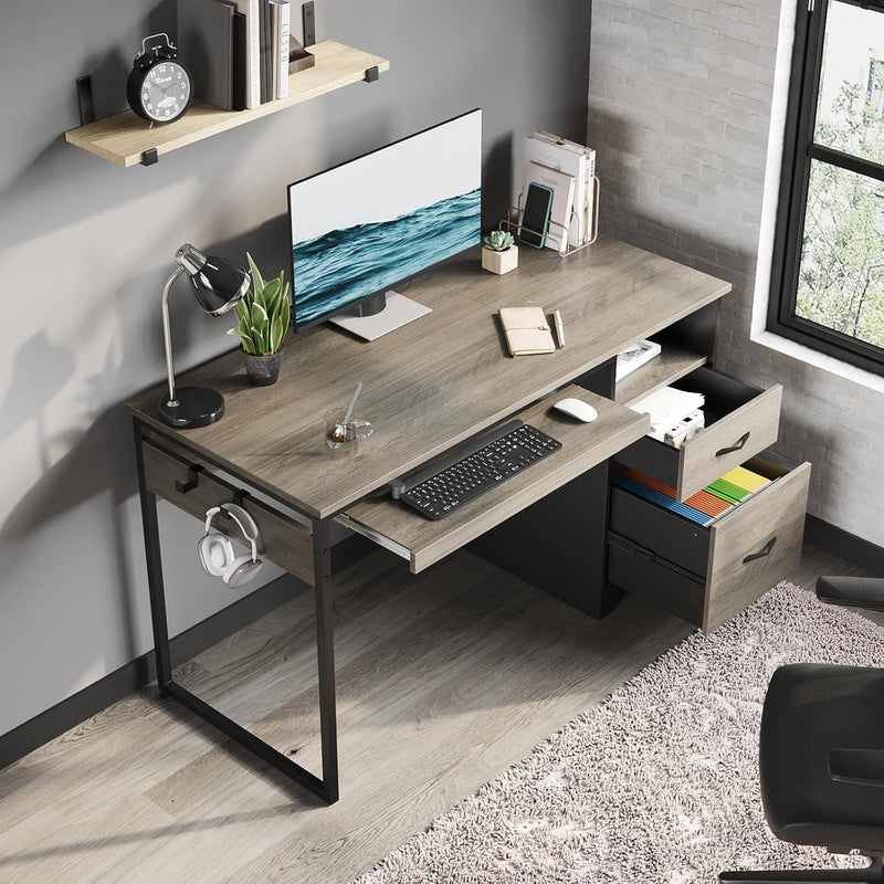 Bestier 48” Computer Desk with Drawers, Office Desk with Storage, Industrial Wood Writing Desk with File Drawer, Keyboard Tray & 2 Hooks for Home Office & Studio, Gray