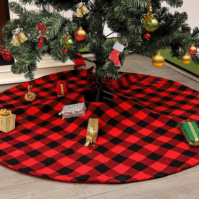 Firlar 35 Inch Christmas Tree Skirt, Red and Black Buffalo Plaid Xmas Tree Skirt Holiday Tree Ornaments for Christmas Day