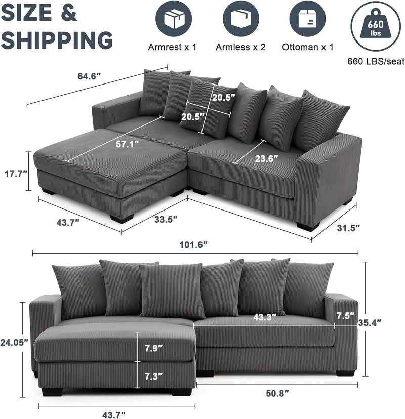 101.6" Comfy Deep Seat Corduroy Sectional Couches for Living Room, L-Shaped Upholstered Modular Sectional Sofa Cloud Couch with Thickened Cushions Widened Armrests for 4 People, Grey