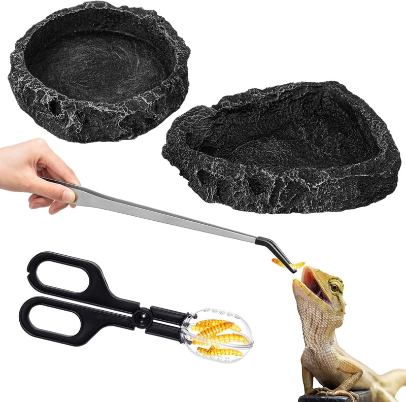 4 Pcs Bearded Dragon Food Bowl Set Reptile Snake Feeding Accessories Stainless Steel Reptile Feeding Tongs with Rubber Reptile Feeding Clamp for Bearded Dragon Lizard