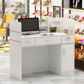 Homsee Modern Reception Desk with 3 Drawers, 1 Door Storage Cabinet & Hutch Shelf, Office Wooden Computer Desk, Writing Study Table PC Laptop Desk, White Marble (47.3" L X 18.3" W X 43.3" H)