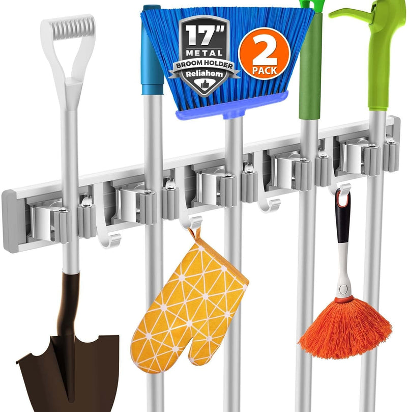 Broom Holder Mop Hanger Wall Mount Metal Organization Garage Storage System Garden Kitchen Tool Organizer (4 Racks with 5 Hooks, Silver)