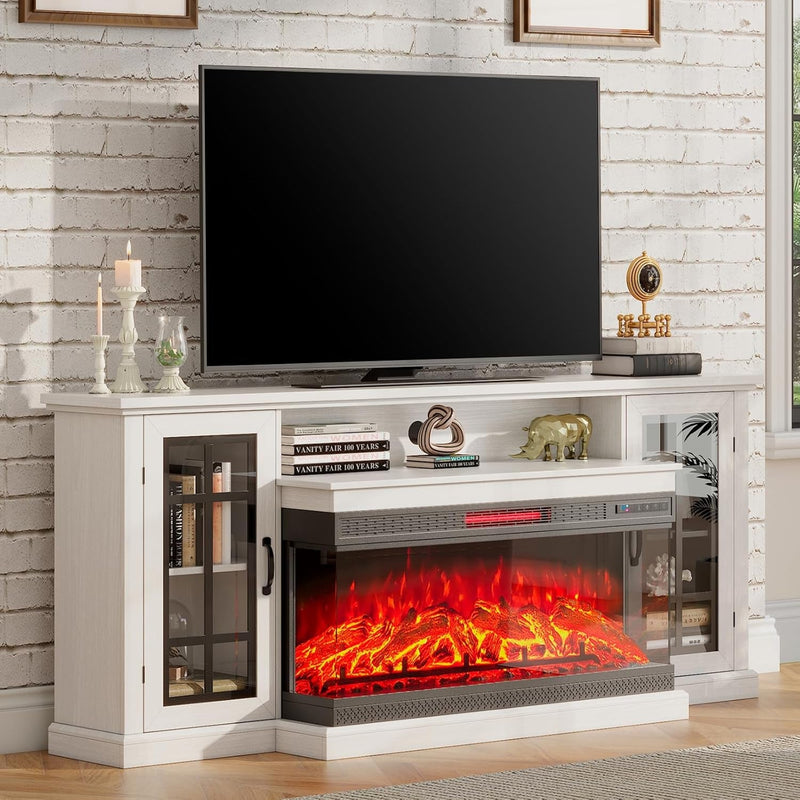 AMERLIFE 3-Sided Glass Fireplace TV Stand for Tvs up to 65'' with 12 Color, Media Entertainment Center Console Table with Doors Closed Storage, Distressed White