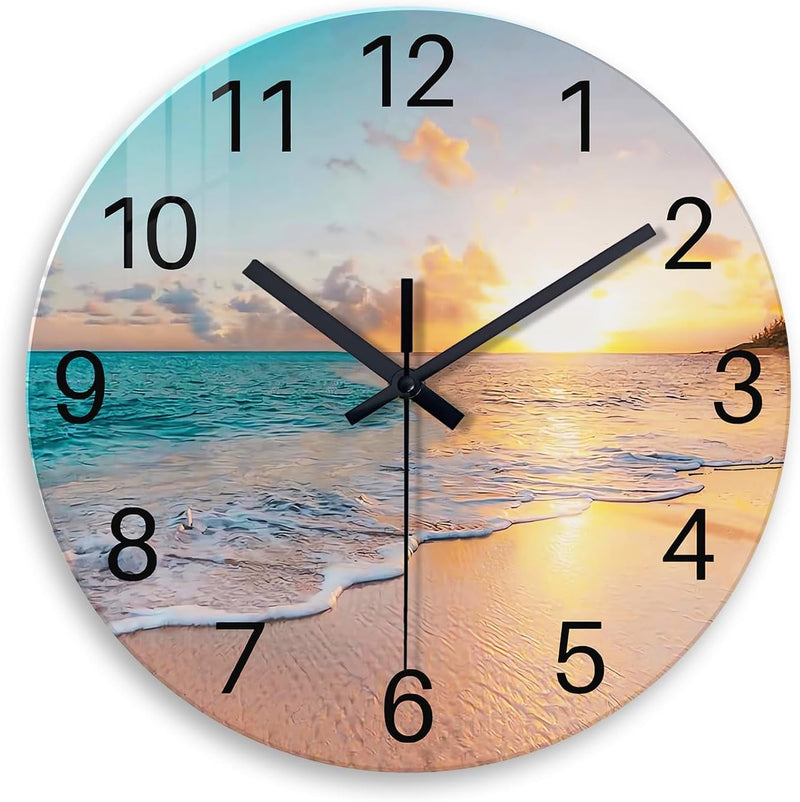 Beach Wall Clock Battery Operated 12 Inch - Glass Wall Clock Non Ticking - Analog Blue Wall Clock for Bedroom Living Room Kitchen Bathroom Office