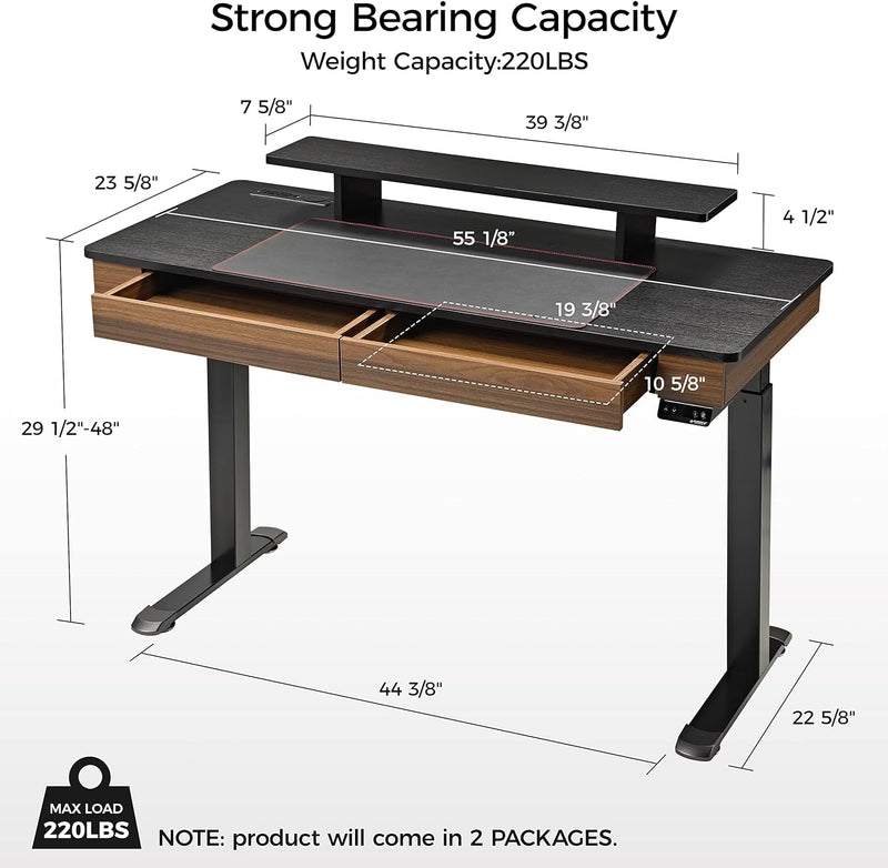 EUREKA ERGONOMIC Standing Desk with 2 Drawers, 55" Dual-Motor Height Adjustable Sit Stand up Desk with Built-In Outlet, Wireless Charger, Luxury Home Office Computer Table with Monitor Riser, Walnut