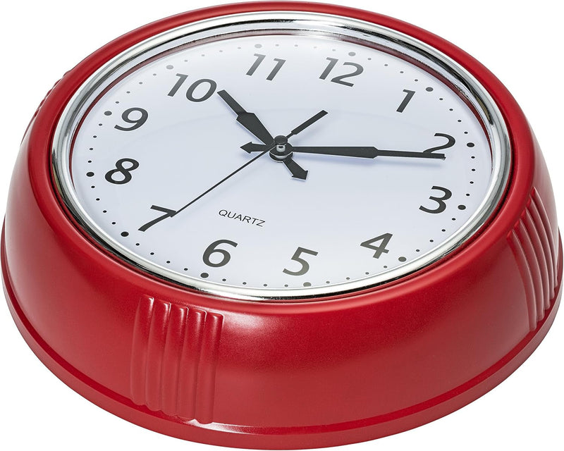 Bernhard Products Retro Wall Clock 9.5 Inch Red Kitchen 50'S Vintage Design round Silent Non Ticking Battery Operated Quality Quartz Clock