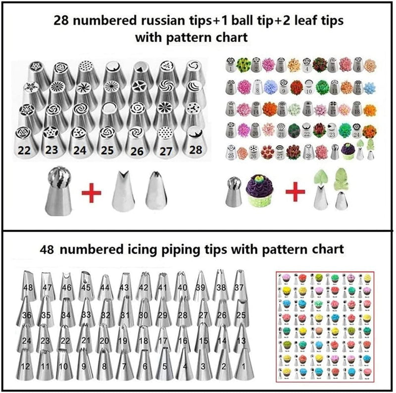 193 Pcs Russian Piping Tips Set, with 28 Numbered Russian Tips,48 Numbered Icing Tips,1 Ball Tip,2 Leaf Tips,Pattern Chart,100 Pastry Bags,4 Couplers,6 Bag Ties for Cake Decorating