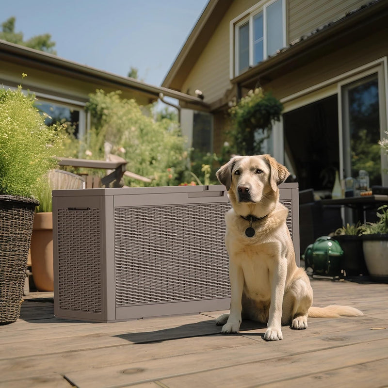 100 Gallon Outdoor Storage Box - Deck Box Waterproof Patio Furniture, Garden Tools, Cushions, Pool Accessories outside Storage Resin Box,Light Brown