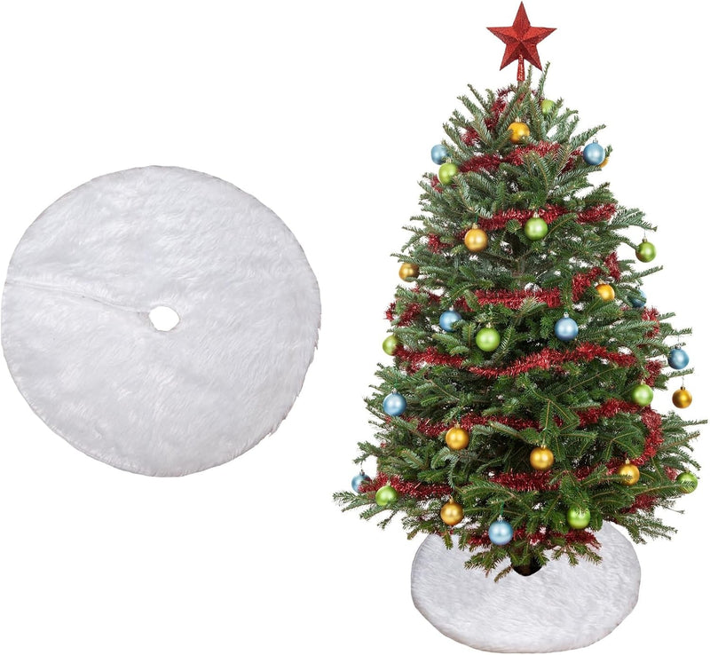 Christmas Tree Skirt Decoration 15" Mini Plush White Faux Fur Xmas Tree Skirt Deco for Christmas Party Holiday Deco