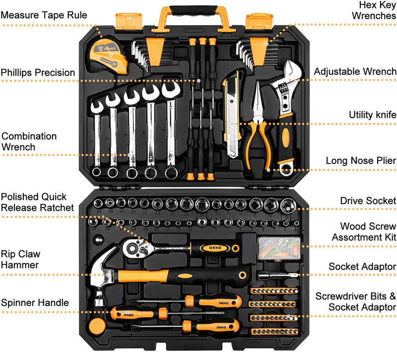 DEKOPRO 158 Piece Tool Set-General Household Hand Tool Kit,Auto Repair Tool Set, with Plastic Toolbox Storage Case