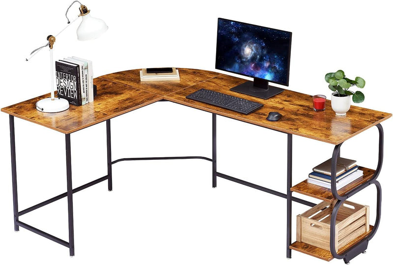 Anivia 68.9" Reversible L Shaped Storage Shelves, round Corner Computer Desk Gaming Table Workstation for Home Office (Brown)