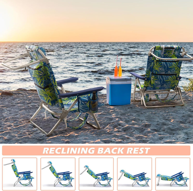 Backpack Beach Chairs for Adults - Folding Heavy Duty Camping Chair with Storage Pouch, Cup Holder & Towel Rack, Lightweight & Adjustable Chair for Outdoor,Travel (2Pcs / Tropical Foliage)