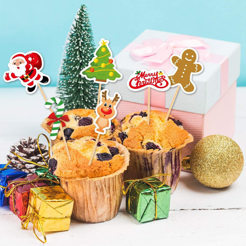 FEPITO 60 Pieces Christmas Cupcake Toppers Picks Merry Christmas Toothpick Flags for Christmas Cake Decorations Christmas Party Holiday Supplies